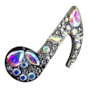 Silver Iridescent Rhinestone Crystal Music Eighth Bling Note Brooch Pin Glam